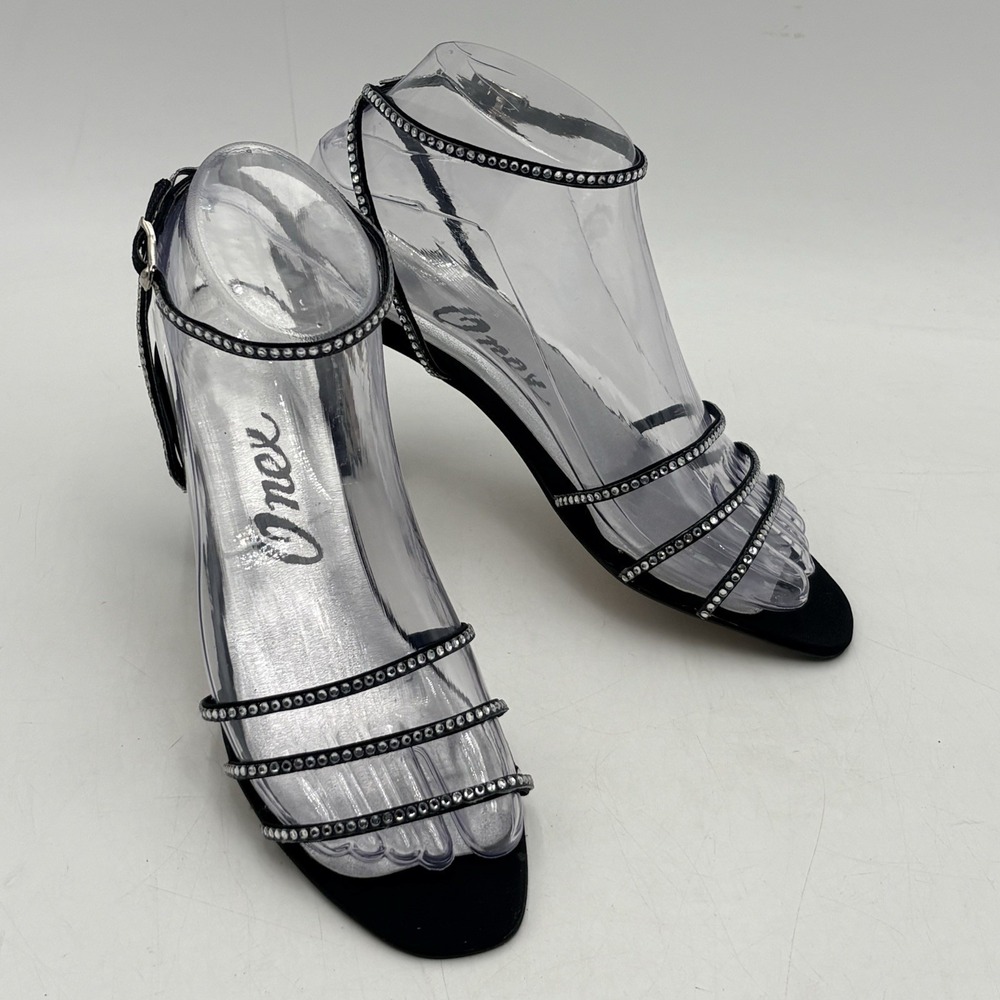 Onex Heels Womens 6.5M Black Rhinestone Strappy Sandals Slingback USA Formal